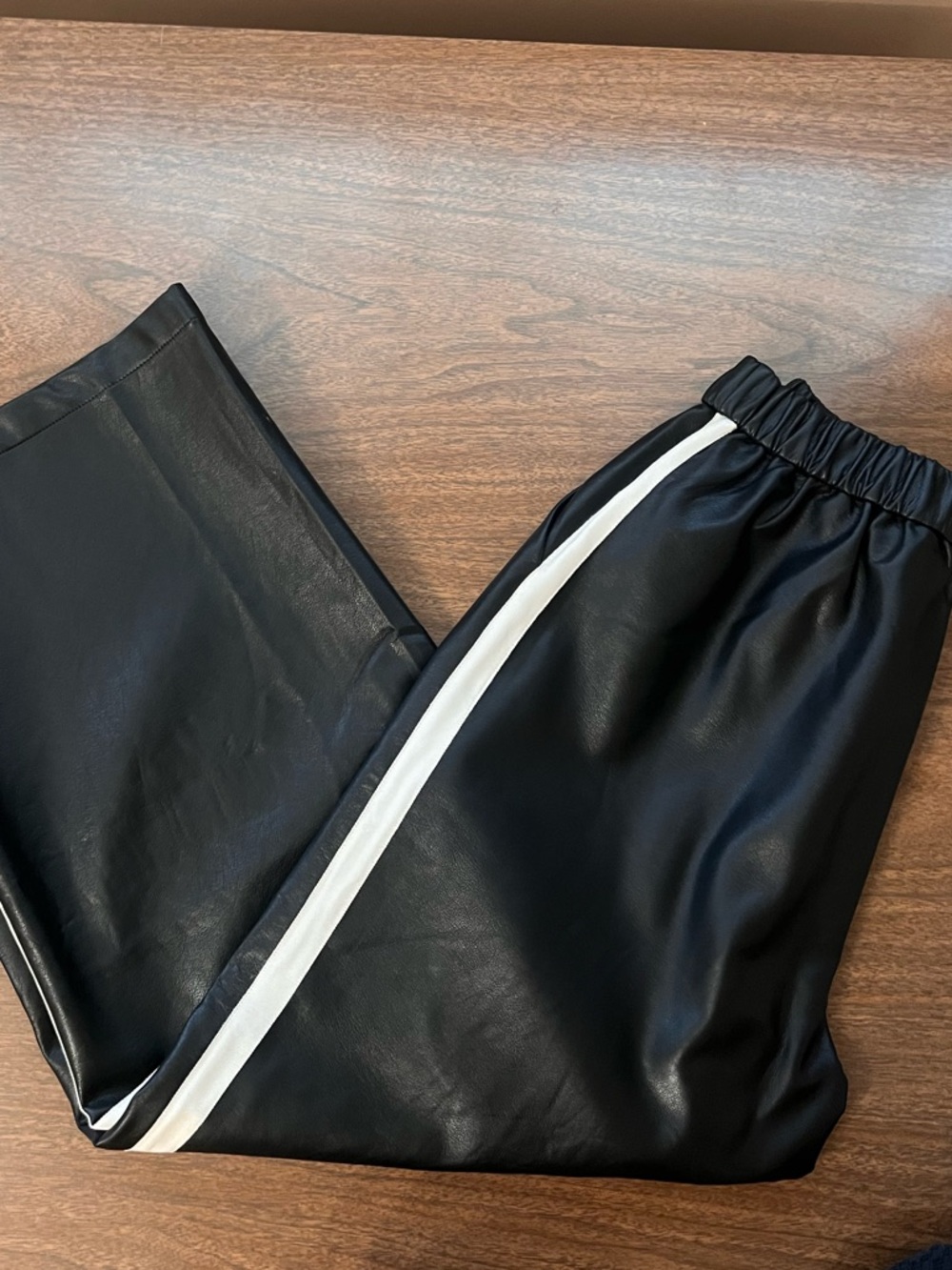 Maeve Anthropologie Black Faux Leather Pull On Track Pants Wide Leg Side Stripe - Picture 5 of 8